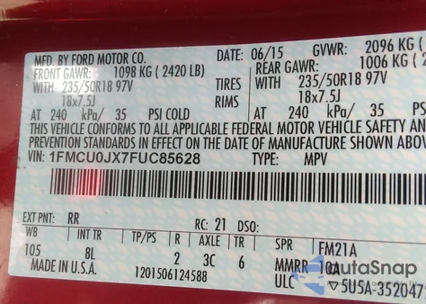 2015 Ford Escape Titanium z USA, uszkodzony, nr VIN 1FMCU0JX7FUC85628